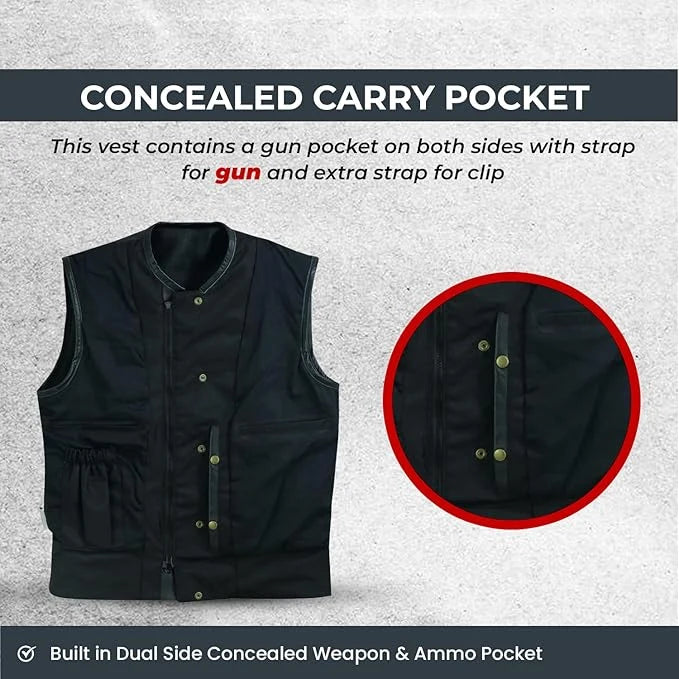 Collarless Men’s Cordura Motorcycle Vest – Textile Biker Vest with Cowhide Leather Trim, Concealed Carry Pockets &amp; Dual Closure