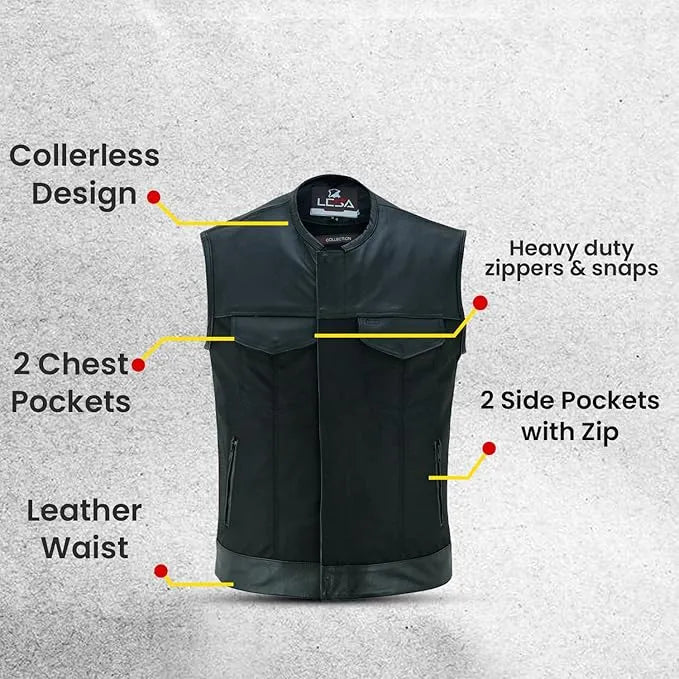 Collarless Men’s Cordura Motorcycle Vest – Textile Biker Vest with Cowhide Leather Trim, Concealed Carry Pockets &amp; Dual Closure