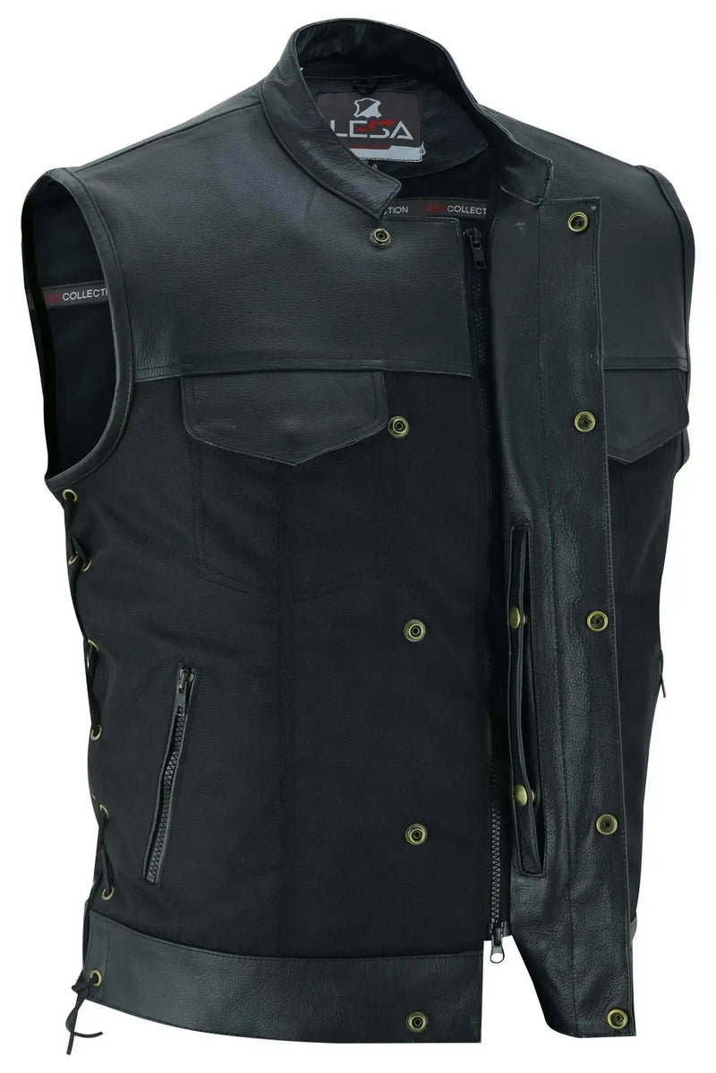 Men’s Black Denim Motorcycle Vest – Side Laces No Collar