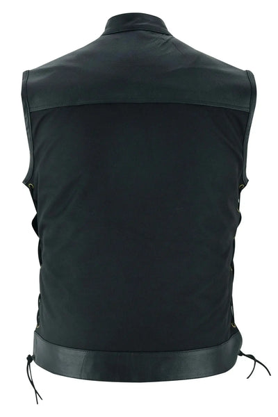 Men’s Black Denim Motorcycle Vest – Side Laces No Collar