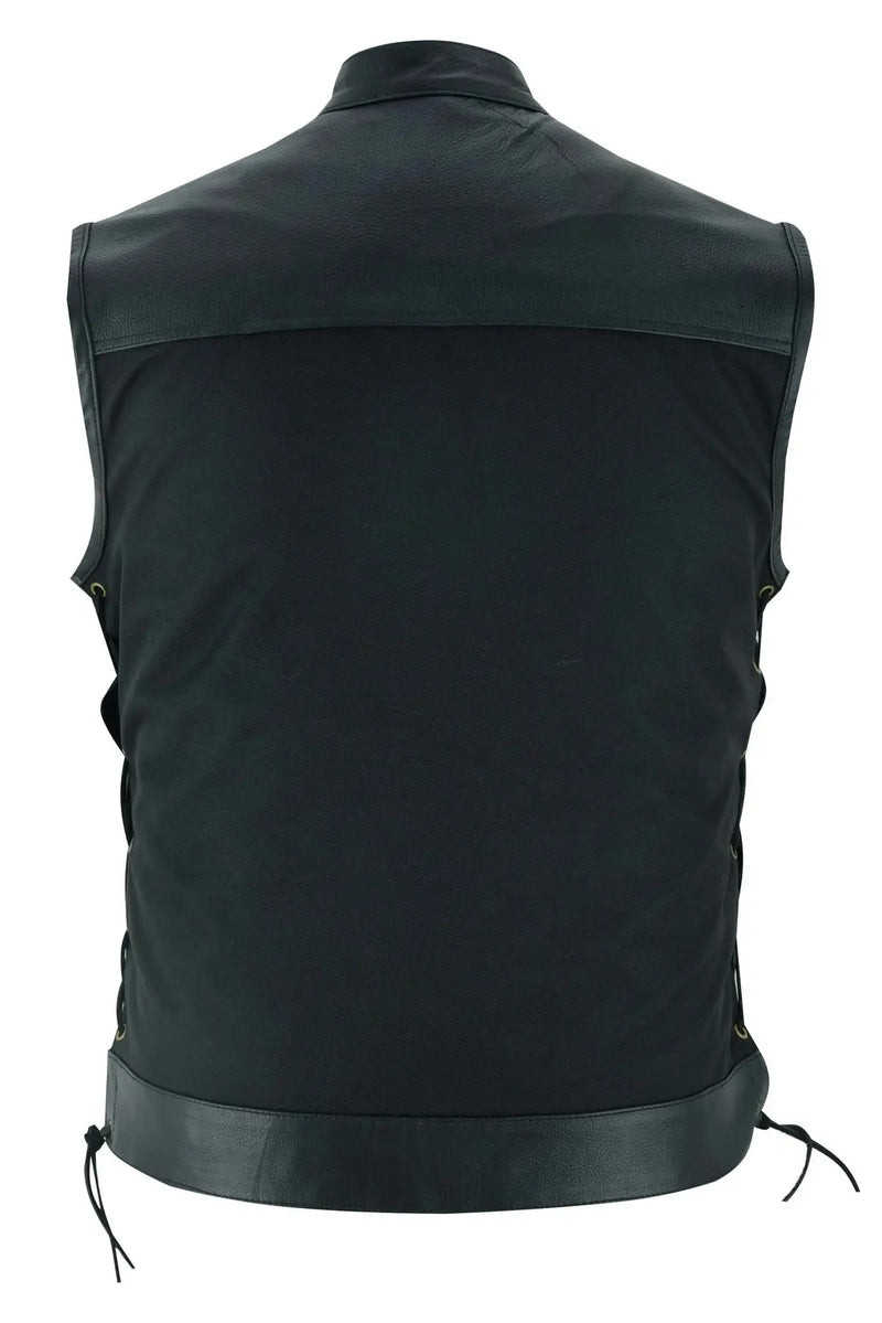 Men’s Black Denim Motorcycle Vest – Side Laces No Collar