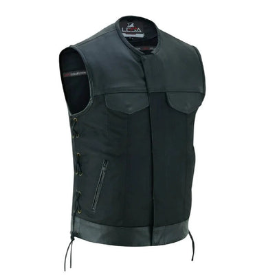 Men’s Black Denim Motorcycle Vest – Side Laces No Collar