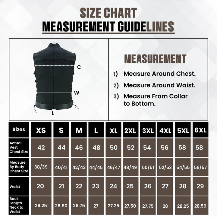 Men’s Textile &amp; Leather Motorcycle Vest – Collar Biker Vest with Side Laces, Concealed Carry Pockets &amp; Hidden Zipper Closure