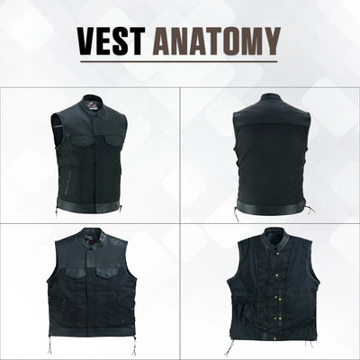 Men’s Black Denim Motorcycle Vest – Side Laces No Collar