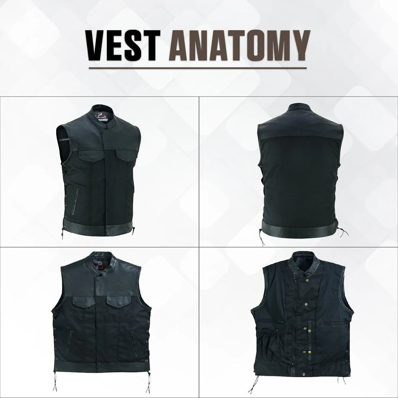 Men’s Black Denim Motorcycle Vest – Side Laces No Collar