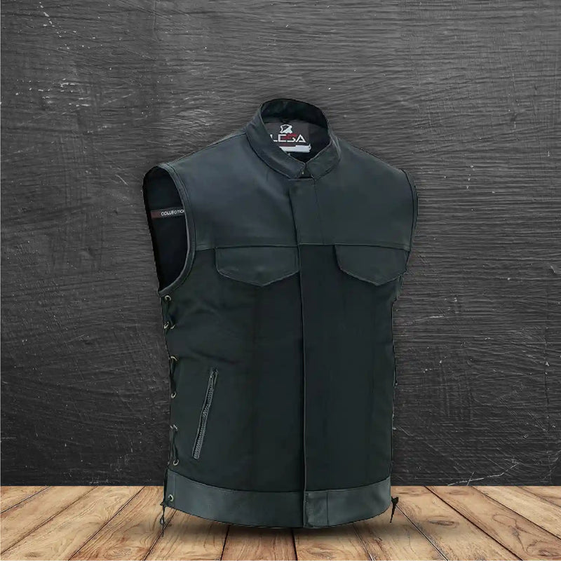 Men’s Black Denim Motorcycle Vest – Side Laces No Collar