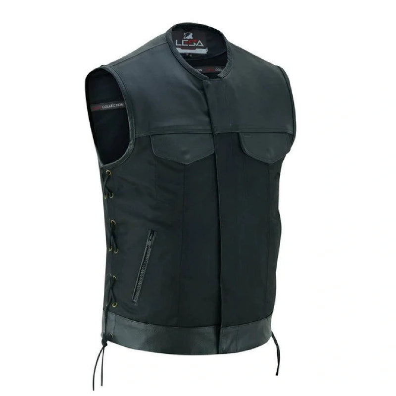 Men’s Black Denim Motorcycle Vest – Side Laces No Collar