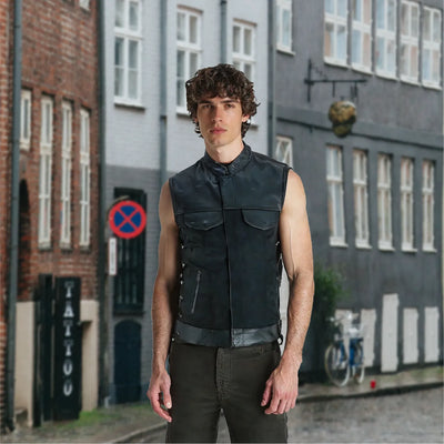 Men’s Black Denim Motorcycle Vest – Side Laces No Collar