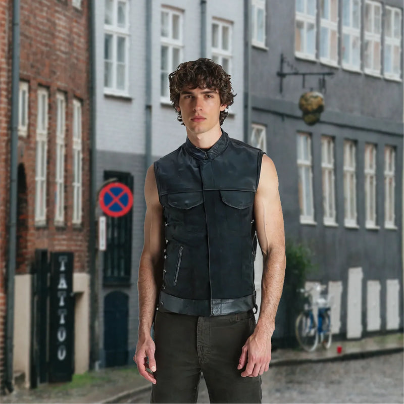 Men’s Black Denim Motorcycle Vest – Side Laces No Collar