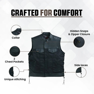 Men’s Black Denim Motorcycle Vest – Side Laces No Collar