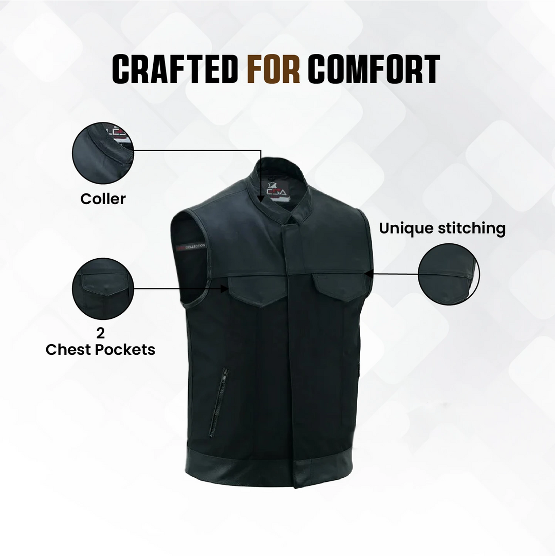 Men’s Cordura Motorcycle Vest – Textile Biker Vest with Cowhide Leather Trim, Concealed Carry Pockets &amp; Dual Closure