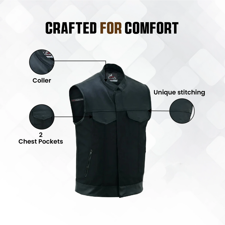 Men’s Cordura Motorcycle Vest – Textile Biker Vest with Cowhide Leather Trim, Concealed Carry Pockets &amp; Dual Closure