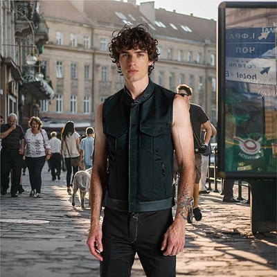 Men's Black Denim Motorcycle Vest – With Collar
