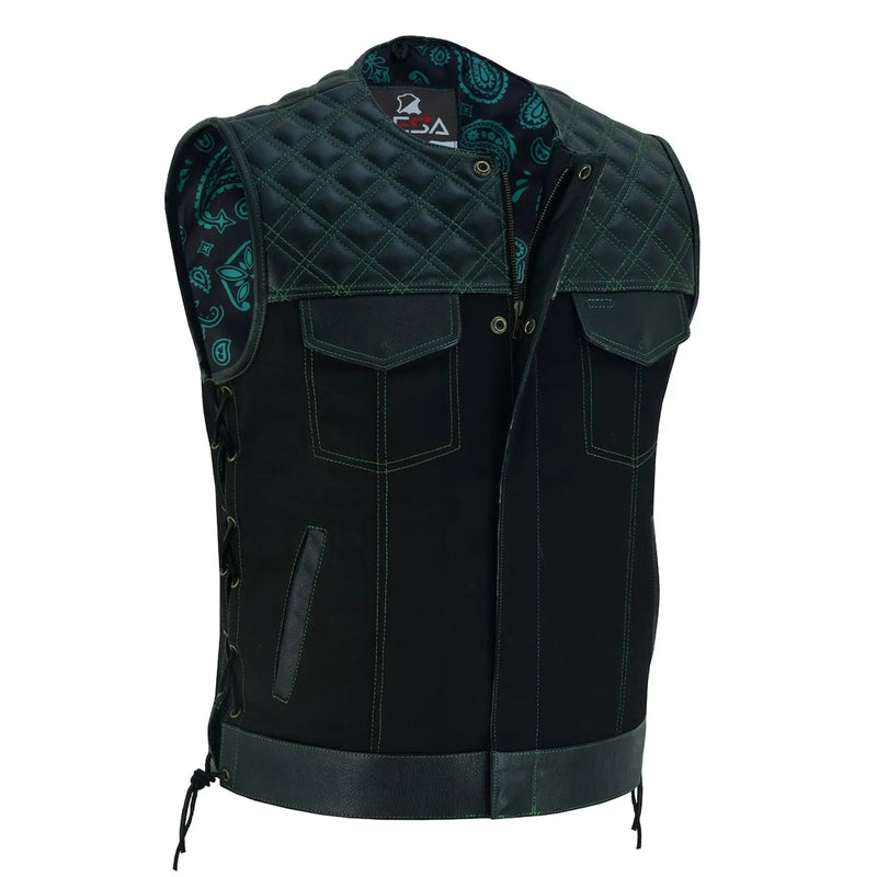 Mens Black Denim Motorcycle Vest With Gun Pocket - Green Lining Side Laces