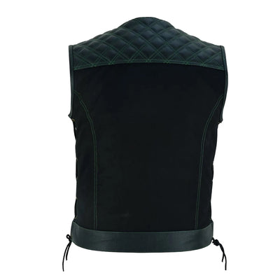 Mens Black Denim Motorcycle Vest With Gun Pocket - Green Lining Side Laces
