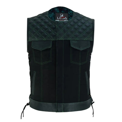 Mens Black Denim Motorcycle Vest With Gun Pocket - Green Lining Side Laces