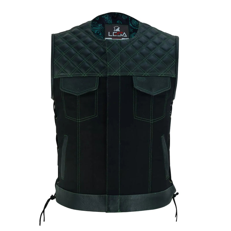 Mens Black Denim Motorcycle Vest With Gun Pocket - Green Lining Side Laces