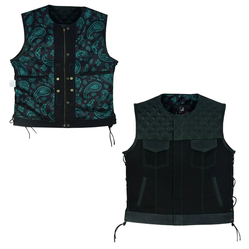 Mens Black Denim Motorcycle Vest With Gun Pocket - Green Lining Side Laces