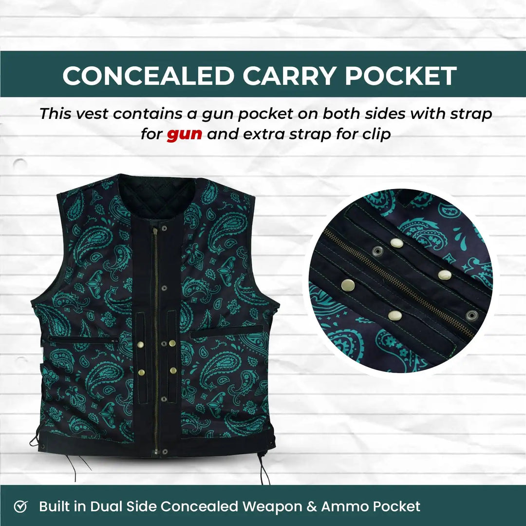 Men’s Black Denim Motorcycle Vest – Green Stitch Leather Trim SOA Style Vest with Side Laces, Zipper Snap Closure &amp; Concealed Carry Pockets