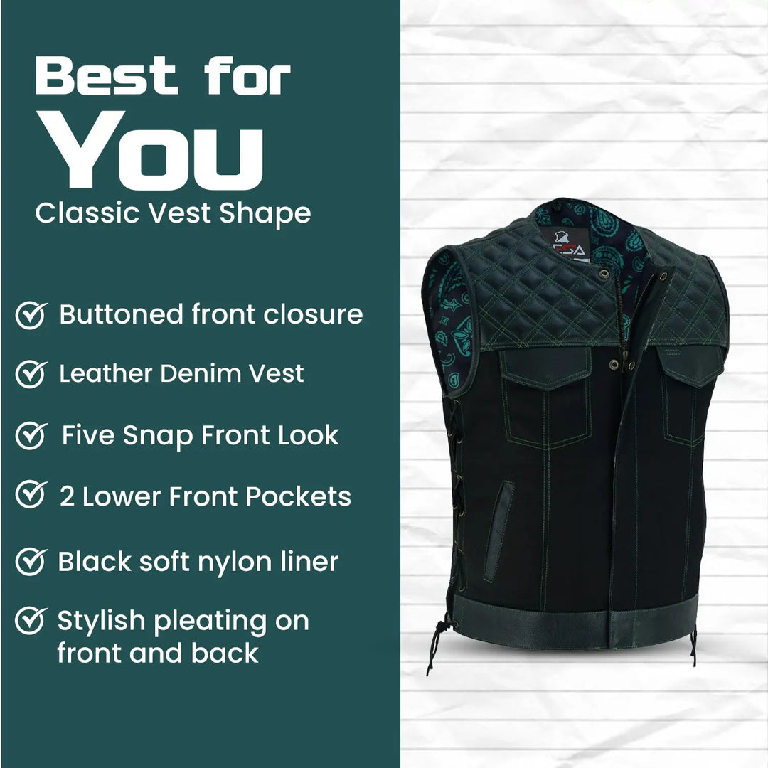 Men’s Black Denim Motorcycle Vest – Green Stitch Leather Trim SOA Style Vest with Side Laces, Zipper Snap Closure &amp; Concealed Carry Pockets