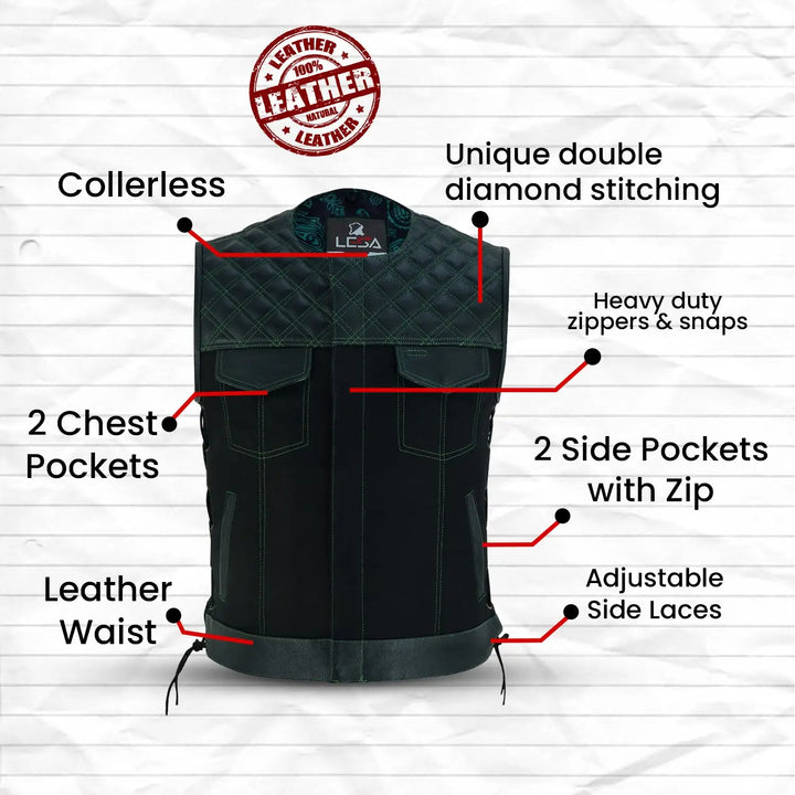 Men’s Black Denim Motorcycle Vest – Green Stitch Leather Trim SOA Style Vest with Side Laces, Zipper Snap Closure &amp; Concealed Carry Pockets