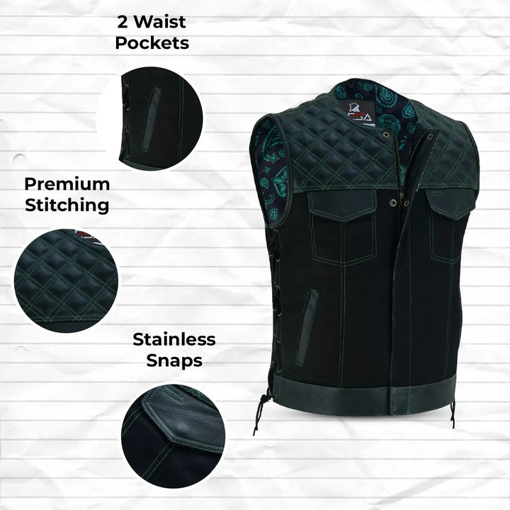 Men’s Black Denim Motorcycle Vest – Green Stitch Leather Trim SOA Style Vest with Side Laces, Zipper Snap Closure &amp; Concealed Carry Pockets