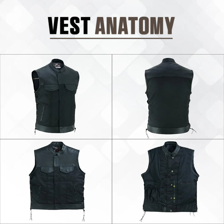 Men’s Textile &amp; Leather Motorcycle Vest – Collar Biker Vest with Side Laces, Concealed Carry Pockets &amp; Hidden Zipper Closure