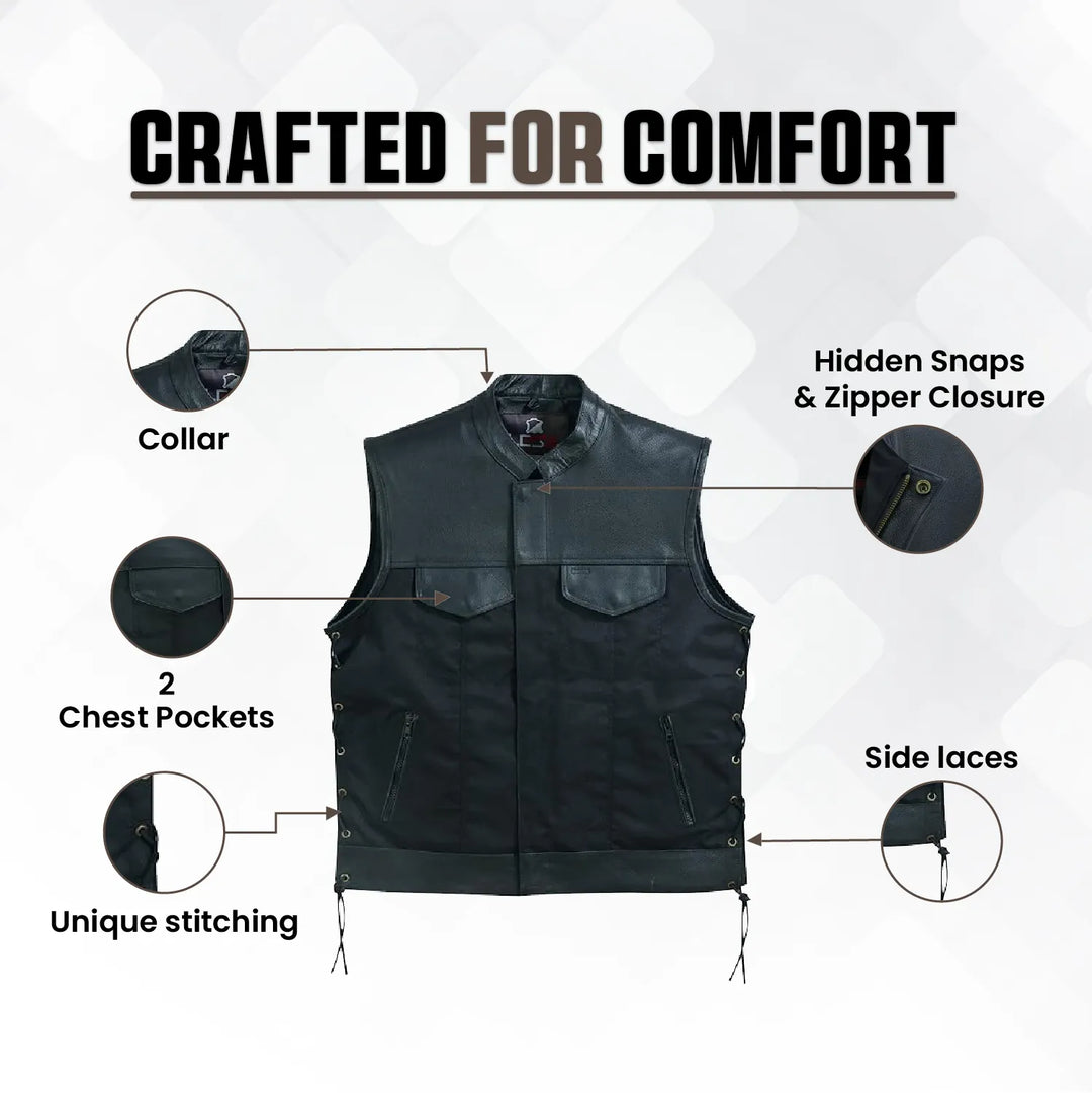 Men’s Textile &amp; Leather Motorcycle Vest – Collar Biker Vest with Side Laces, Concealed Carry Pockets &amp; Hidden Zipper Closure