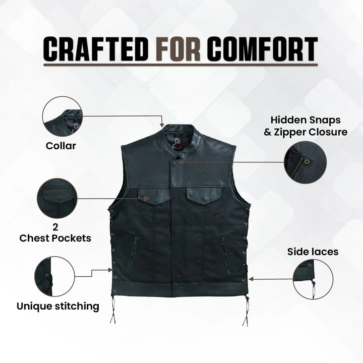 Men’s Textile &amp; Leather Motorcycle Vest – Collar Biker Vest with Side Laces, Concealed Carry Pockets &amp; Hidden Zipper Closure