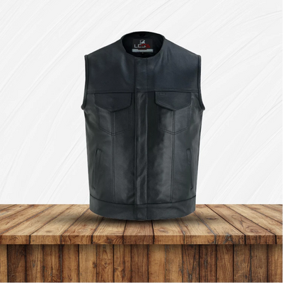 Men's Black Leather Motorcycle Vest - Zipper Front Closure