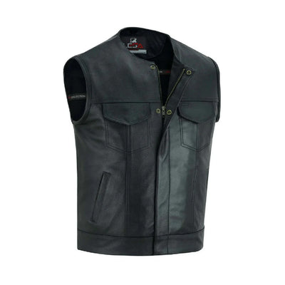 Men's Black Leather Motorcycle Vest - Zipper Front Closure