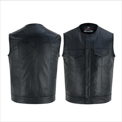 Men's Black Leather Motorcycle Vest - Zipper Front Closure