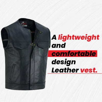 Men's Black Leather Motorcycle Vest - Zipper Front Closure