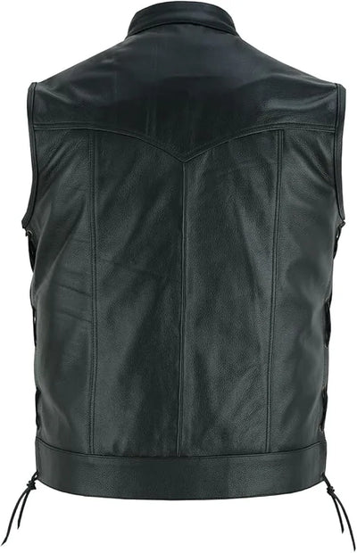 Men's Leather Motorcycle Vest Black Cowhide Waistcoat