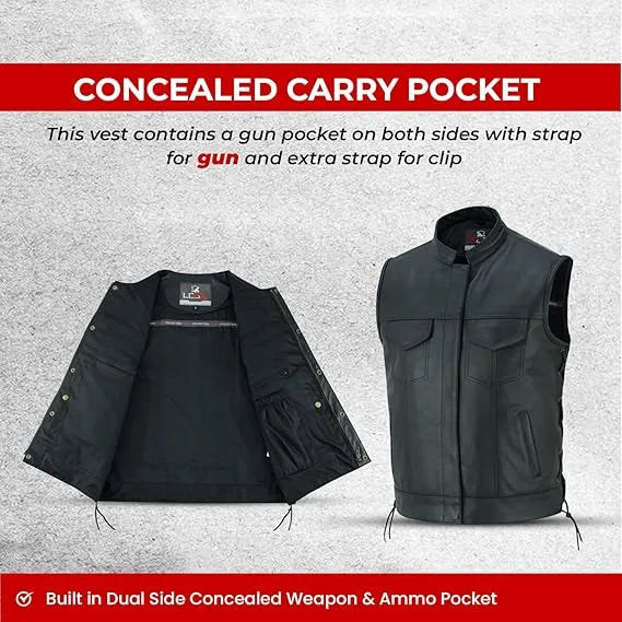 Men’s Black Leather Motorcycle Vest with Collar – Cowhide Biker Vest with Side Laces, Concealed Carry Pockets &amp; Adjustable Fit