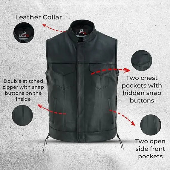 Men’s Black Leather Motorcycle Vest with Collar – Cowhide Biker Vest with Side Laces, Concealed Carry Pockets &amp; Adjustable Fit