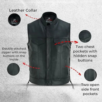 Men's Leather Motorcycle Vest Black Cowhide Waistcoat