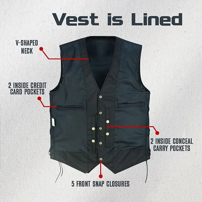 Men’s 10 Pocket Leather Motorcycle Vest – Genuine Cowhide Biker Vest with Side Laces, Concealed Carry Pockets &amp; V-Neck Snap Closure