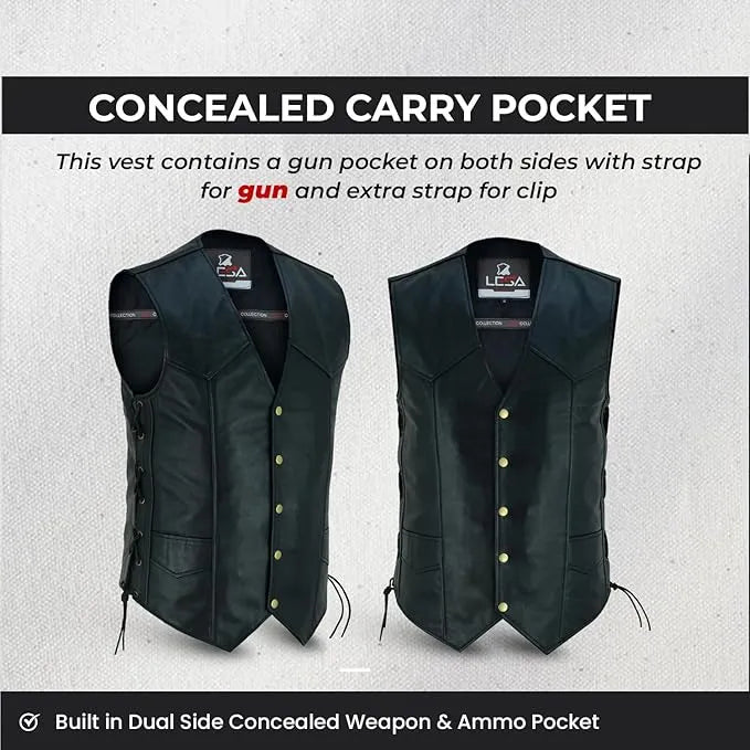 Men’s 10 Pocket Leather Motorcycle Vest – Genuine Cowhide Biker Vest with Side Laces, Concealed Carry Pockets &amp; V-Neck Snap Closure