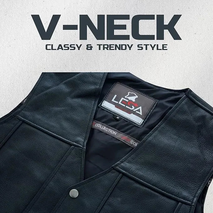 Men’s 10 Pocket Leather Motorcycle Vest – Genuine Cowhide Biker Vest with Side Laces, Concealed Carry Pockets &amp; V-Neck Snap Closure