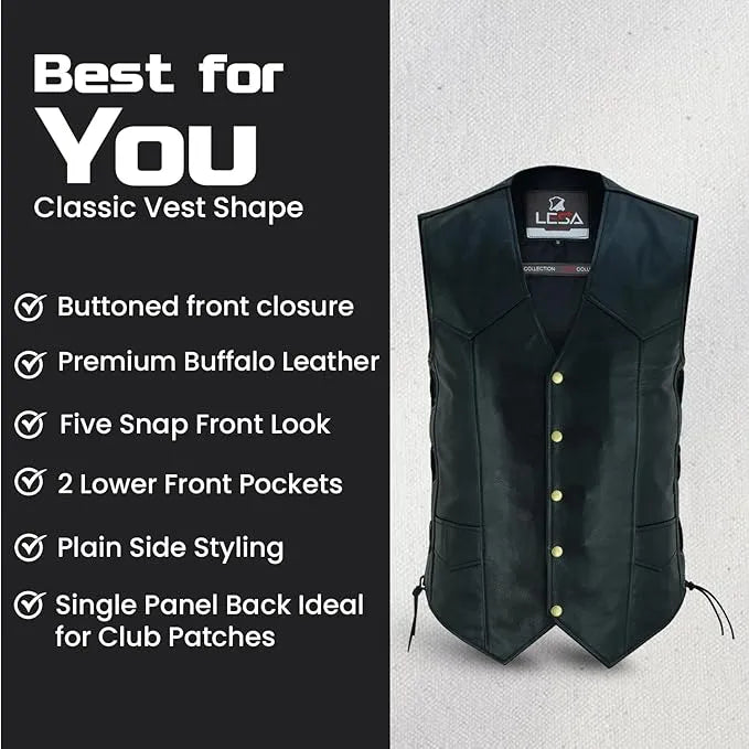 Men’s 10 Pocket Leather Motorcycle Vest – Genuine Cowhide Biker Vest with Side Laces, Concealed Carry Pockets &amp; V-Neck Snap Closure