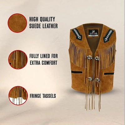 Men's Tan Suede Leather Fringe Vest – Western Cowboy Style