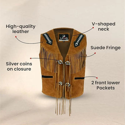 Men's Tan Suede Leather Fringe Vest – Western Cowboy Style