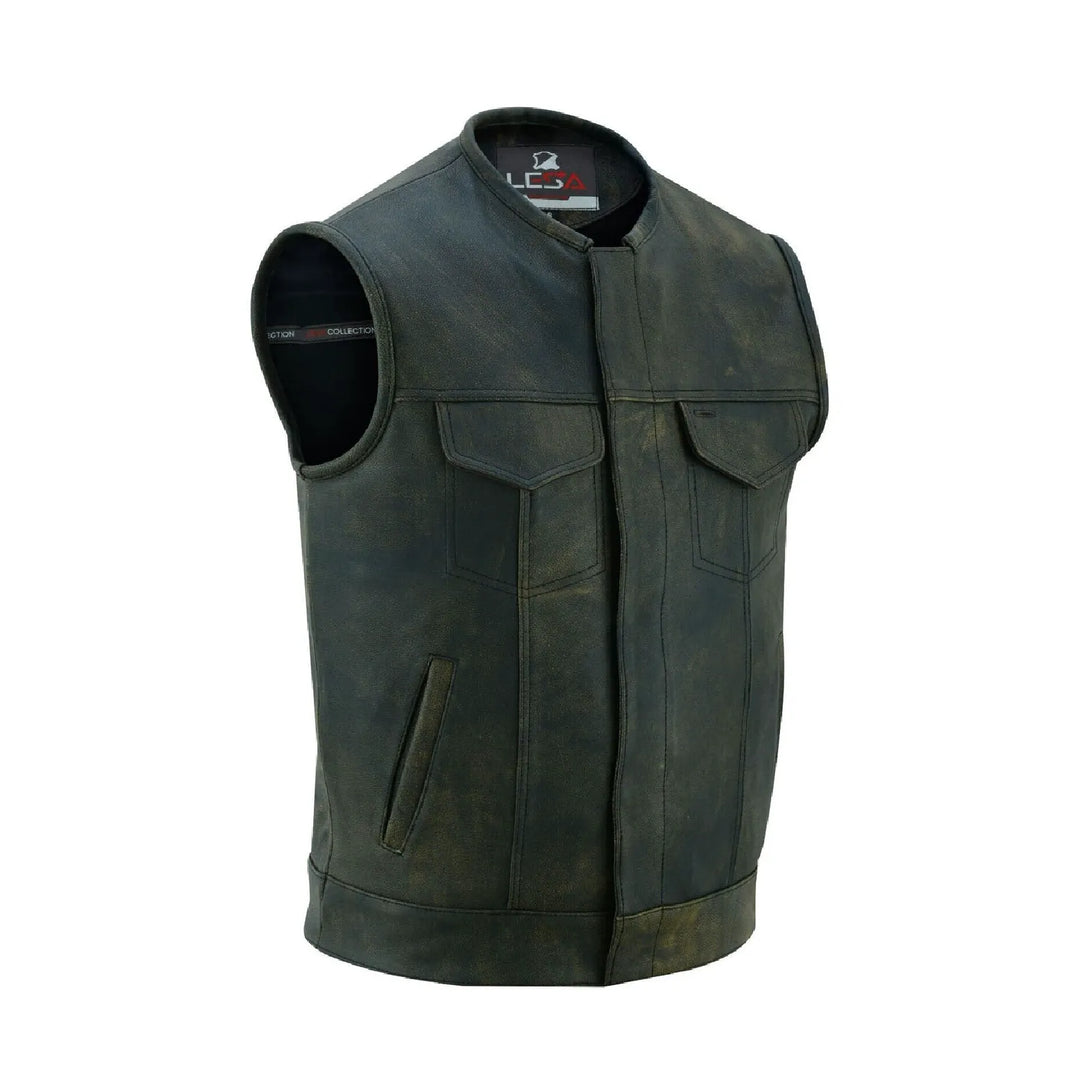 Collarless Men’s Cordura Motorcycle Vest – Textile Biker Vest with Cowhide Leather Trim, Concealed Carry Pockets &amp; Dual Closure