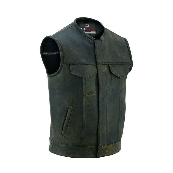 Collarless Men’s Cordura Motorcycle Vest – Textile Biker Vest with Cowhide Leather Trim, Concealed Carry Pockets &amp; Dual Closure