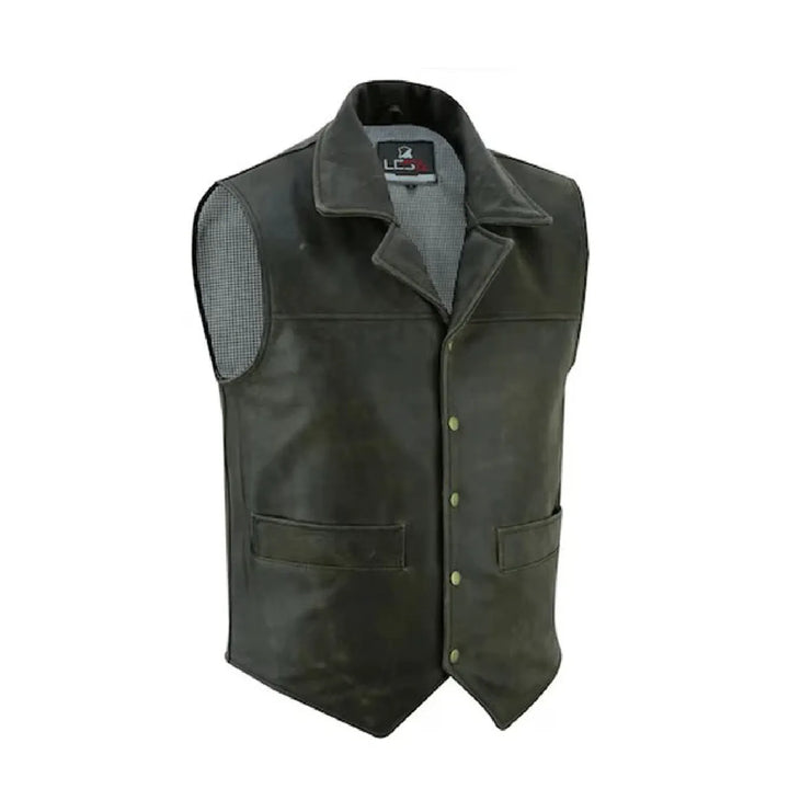 Men’s Distressed Leather Motorcycle Vest – Cowhide V-Neck Biker Vest with Collar, Snap Closure &amp; Concealed Carry Pockets
