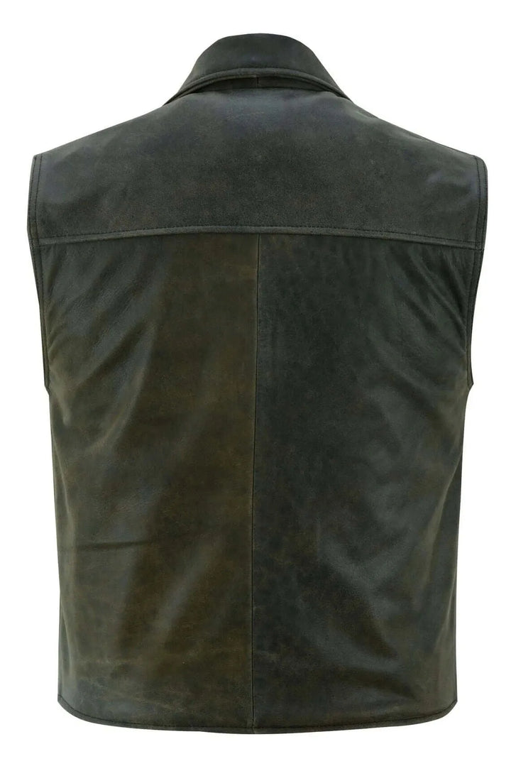 Men’s Distressed Leather Motorcycle Vest – Cowhide V-Neck Biker Vest with Collar, Snap Closure &amp; Concealed Carry Pockets
