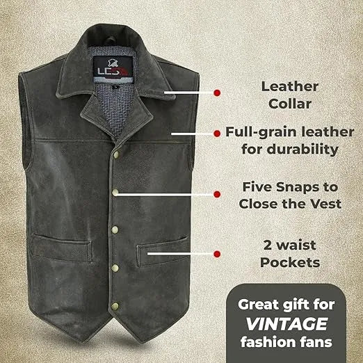 Men’s Distressed Leather Motorcycle Vest – Cowhide V-Neck Biker Vest with Collar, Snap Closure &amp; Concealed Carry Pockets