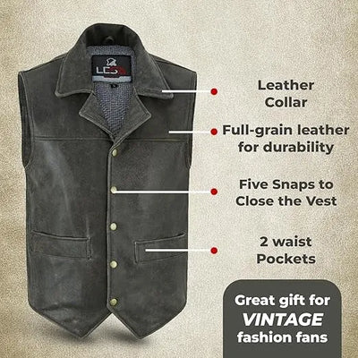 Men's Vintage Handcrafted Black Distressed Leather Vest