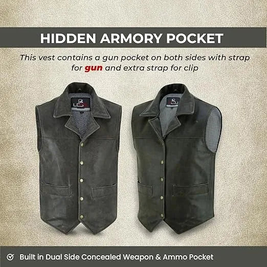 Men’s Distressed Leather Motorcycle Vest – Cowhide V-Neck Biker Vest with Collar, Snap Closure &amp; Concealed Carry Pockets
